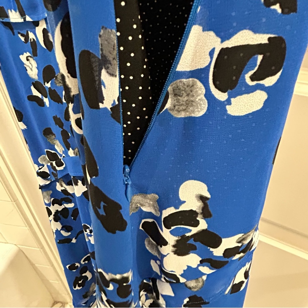 CAbi Electric Blue Floral Asymmetrical Handkerchief Hem Polka Dot Dress Sz M - Picture 10 of 11